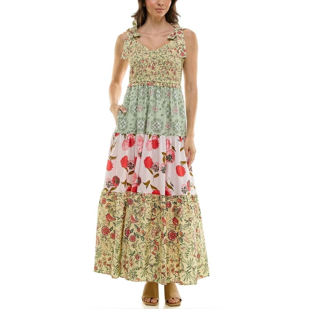 Floral Tiered Maxi Dress - Green & Pink